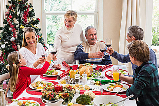 家庭,祝酒,红酒,圣诞晚餐