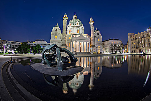卡尔教堂,雕塑,倒影,夜晚,卡尔斯,维也纳,奥地利,欧洲