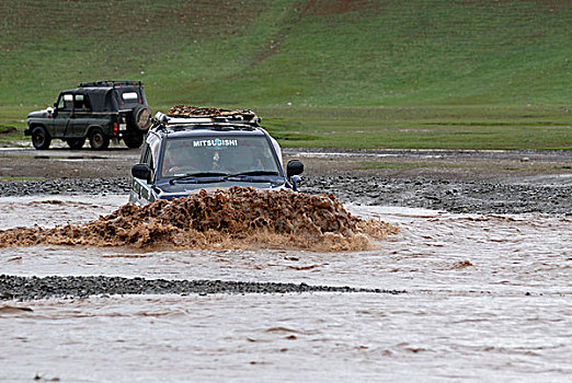 吉普车,尝试,洪水,河,蒙古,亚洲