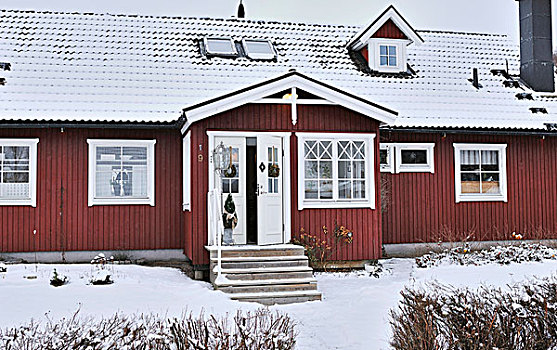 斯堪的纳维亚,木屋,雪,屋顶,装饰,正前,门廊
