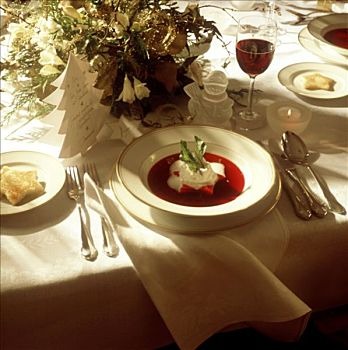 圣诞桌,布置,红甜菜汤