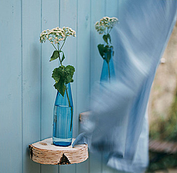 花,蓝色,瓶子,木墙