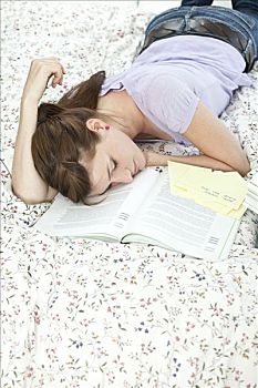 学生,睡觉,俯视,书本