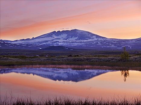 山,倒影,红色,夜空,多夫勒国家公园,挪威,斯堪的纳维亚,北欧