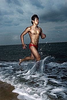 肌肉,男人,穿,游泳,跑,海洋