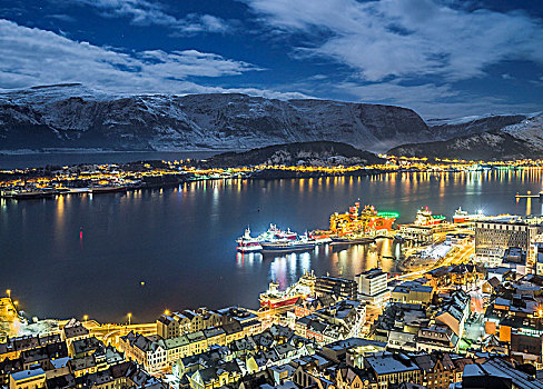 奥勒松,挪威,欧洲,夜景,俯视,港口,一个,重要,城市
