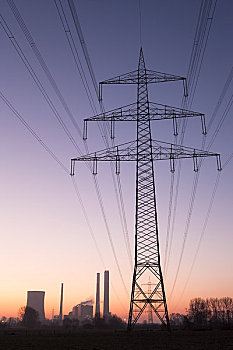 水力发电塔,背景,黎明,冬天,北莱茵威斯特伐利亚,德国