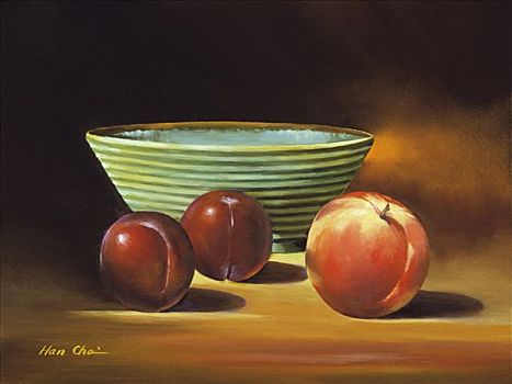 静物,苹果,李子,碗,水面,油画