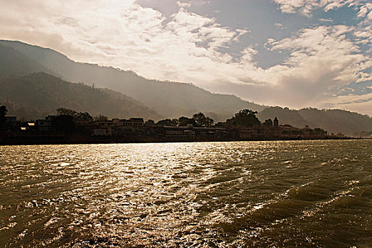 河,山峦,背景,恒河,里虚克虚,地区,北阿坎德邦,印度