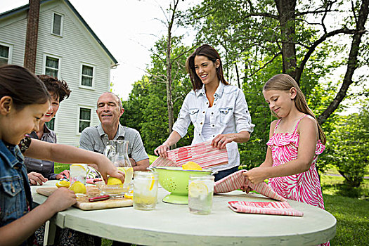 夏天,家庭,聚会,农场,父母,孩子,制作,新鲜,柠檬水