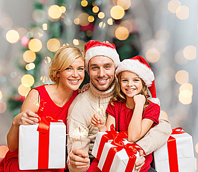 圣诞节,休假,家庭,人,概念,高兴,母亲,父亲,小女孩,圣诞老人,帽子,礼盒,上方,客厅,圣诞树,背景