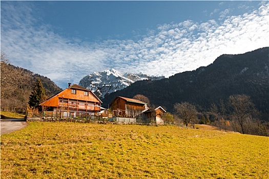 阿尔卑斯山,山,木房子