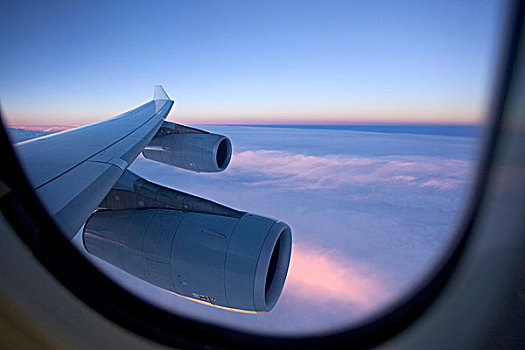 机翼,引擎,风景,窗户,喷气式飞机,飞,高处,云,日落