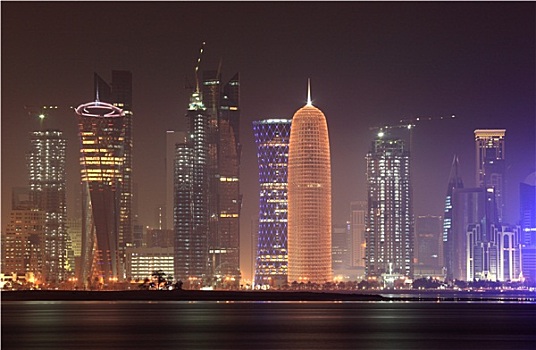 多哈,天际线,夜晚,卡塔尔,中东