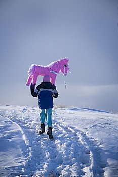 后视图,女孩,粉色,小马,蒙大拿,美国