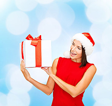 圣诞节,休假,庆贺,人,概念,微笑,女人,红裙,礼盒,上方,蓝色,背景