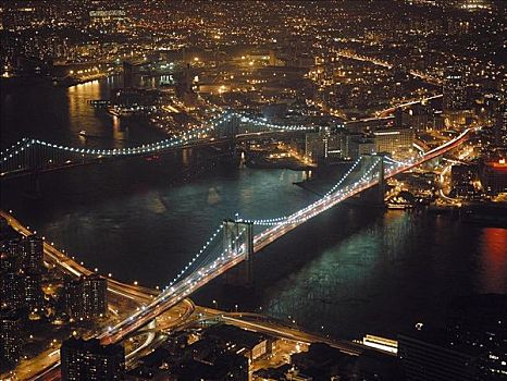 布鲁克林大桥,夜晚,曼哈顿大桥,纽约,美国,北美