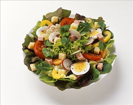 什锦沙拉,叶子,蔬菜,蛋,火腿,盘子
