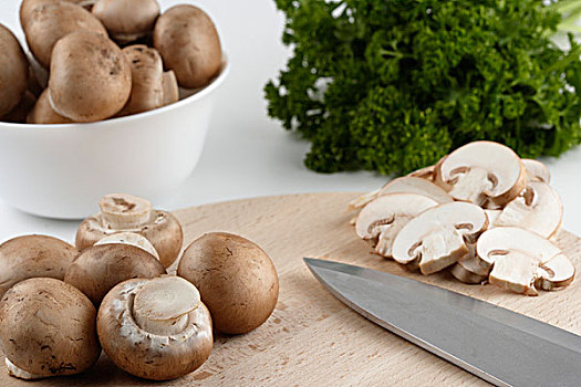 褐蘑菇,案板,刀,正面,白色,碗,西芹