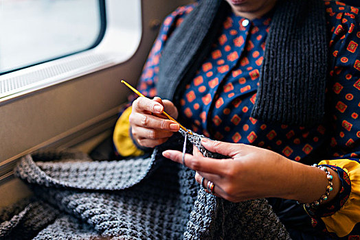 女人,编织品,列车