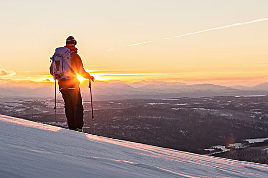 人,滑雪,日落