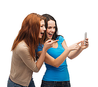 科技,友谊,人,概念,两个,微笑,青少年,指向,智能手机