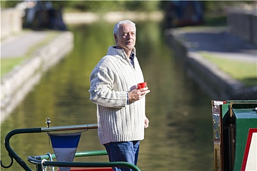 男人,喝咖啡,船,运河