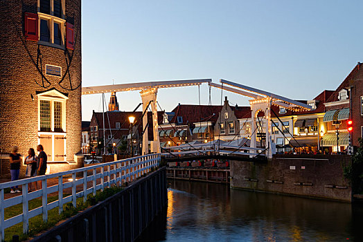 风景,塔,开合式吊桥,老,港口,黃昏,北荷兰省,荷兰