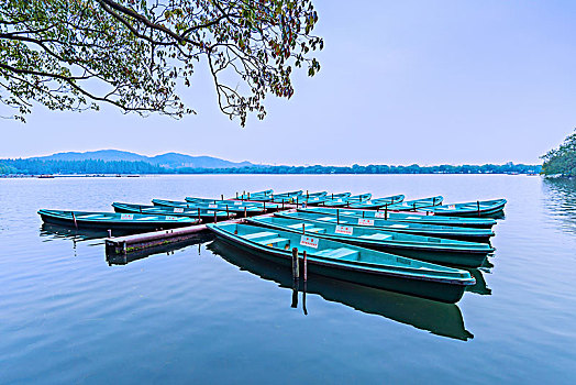 杭州西湖,码头小船