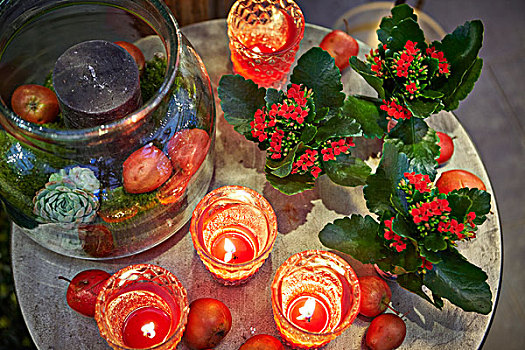 红色,蜡烛,花,桌上