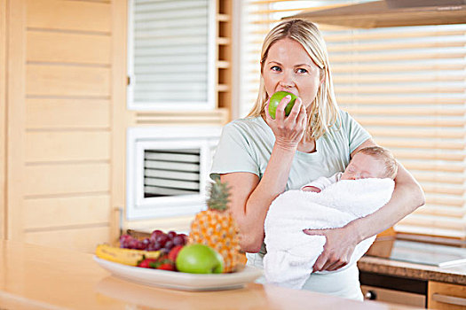 女人,婴儿,手臂,吃饭,苹果