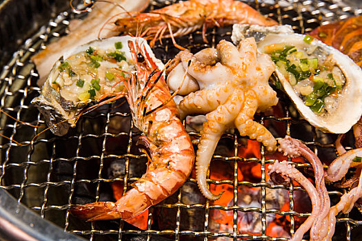 烧烤,海鲜,虾,章鱼,牡蛎,热,木碳