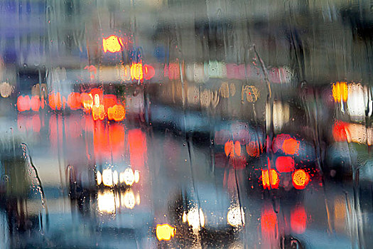 城市,夜晚,湿,玻璃