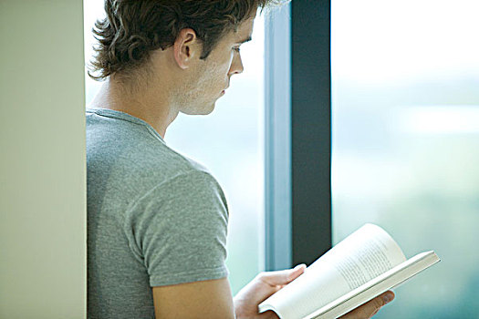 男青年,读,书本,窗户,侧面视角
