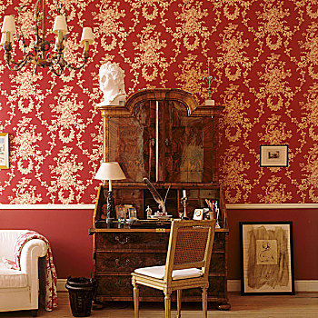 老式,木质,长椅,墙壁,装饰,红色,白色,纸