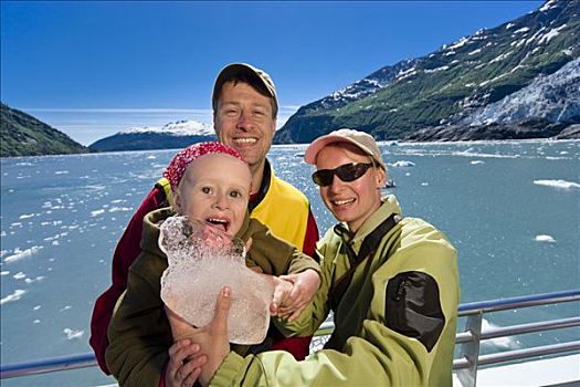 女孩,冰河,冰,父母,甲板,表情,游船,威廉王子湾,阿拉斯加