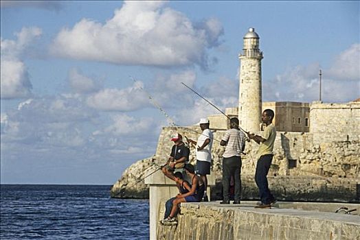 垂钓,水岸,马雷贡,要塞,莫罗城堡,背景,哈瓦那,古巴