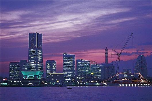 天际线,河,夜晚,地标大厦,横滨,日本,亚洲