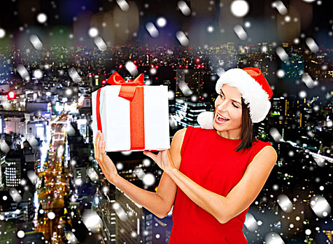 圣诞节,休假,庆贺,人,概念,微笑,女人,红裙,礼盒,上方,背景