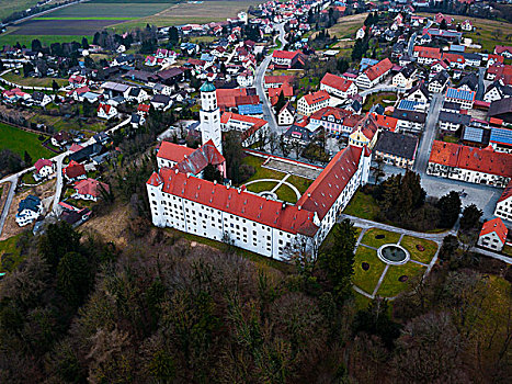 航拍,城堡,基希海姆,斯瓦比亚,巴伐利亚,德国,欧洲