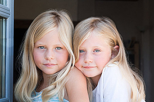 金发,双胞胎,女孩,肖像