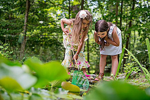 两个女孩,玩,水塘,树林