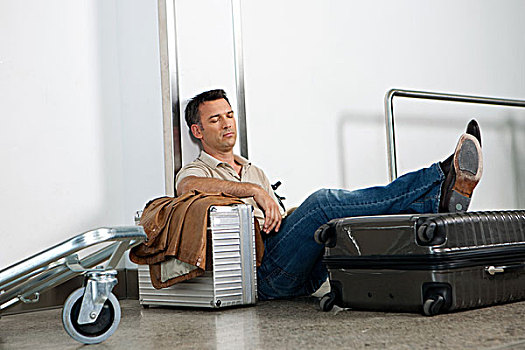 男人,睡觉,行李,机场