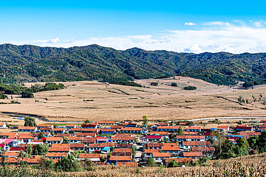 秋季的东北农村村落景观美丽如画