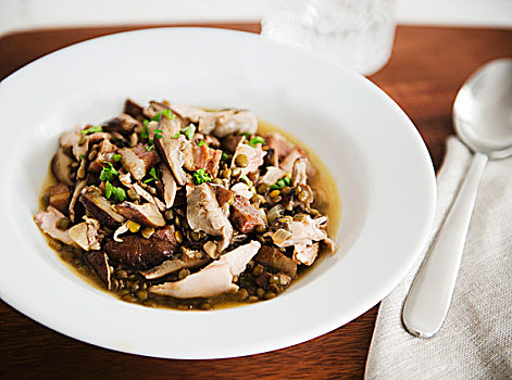 碗,鸡肉,扁豆,蘑菇汤