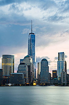 特写,下曼哈顿,天际线,一个,世贸中心,日出,泽西城,曼哈顿,纽约,美国