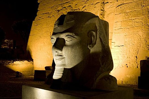 头部,拉美西斯二世,第一,卢克索神庙,夜晚,路克索神庙,尼罗河流域,埃及,非洲