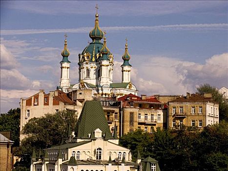 乌克兰,基辅,教堂,神圣,安德里亚,建造,木头,石头,建筑师,蓝天,云,阳光,2004年