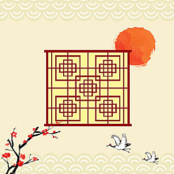 新年,賀卡,花,起重機(jī),太陽,傳統(tǒng),韓國,窗戶