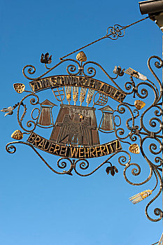 悬挂,标识,餐馆,蓝天,上弗兰科尼亚,巴伐利亚,德国,欧洲